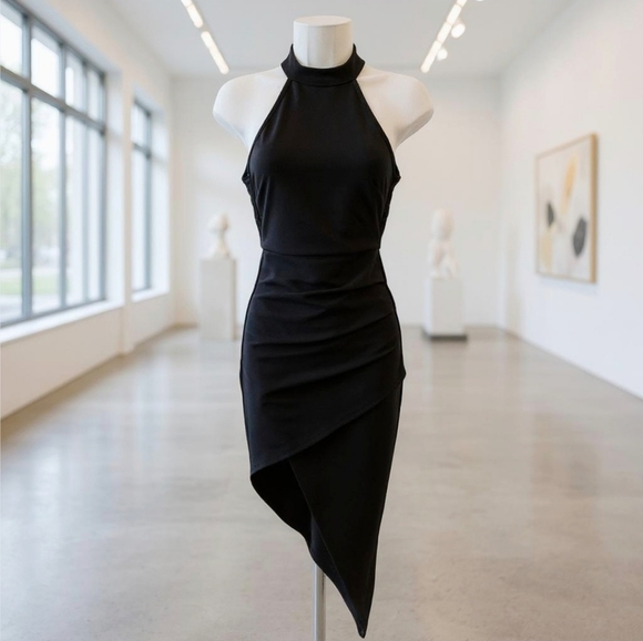 NEW Windsor Black Drop Waist Dress Asymmetrical Wrap Midi Skirt Open Back - Picture 3 of 17